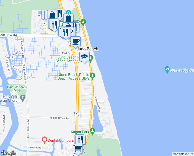 map of restaurants, bars, coffee shops, grocery stores, and more near 600 Ocean Drive in Juno Beach