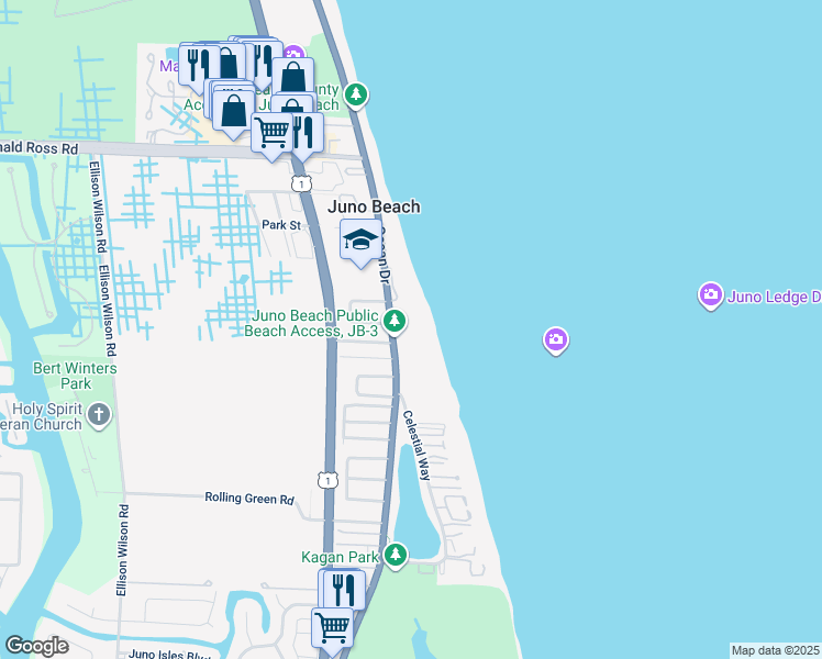 map of restaurants, bars, coffee shops, grocery stores, and more near 600 Ocean Drive in Juno Beach
