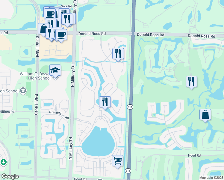 map of restaurants, bars, coffee shops, grocery stores, and more near 726 Bocce Court in Palm Beach Gardens