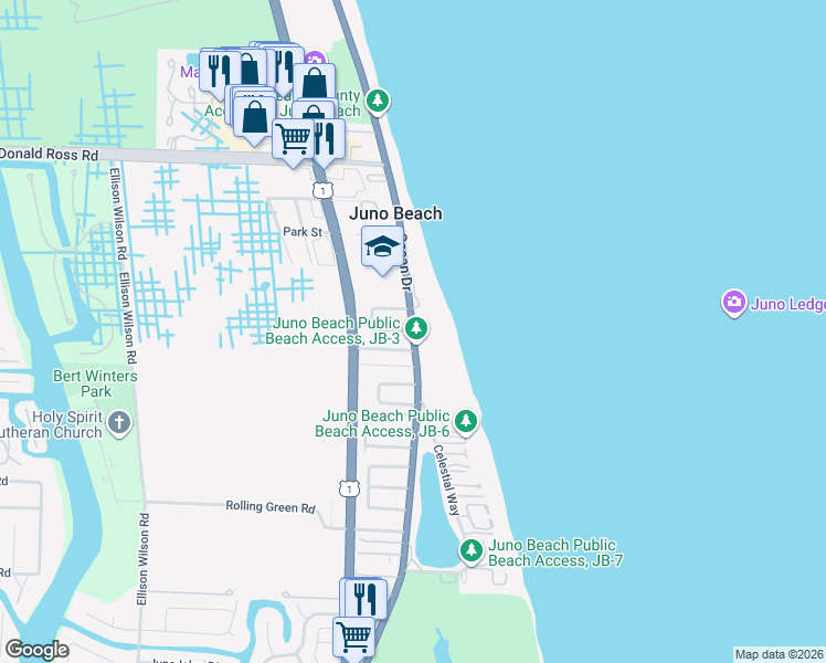 map of restaurants, bars, coffee shops, grocery stores, and more near 600 Ocean Drive in Juno Beach