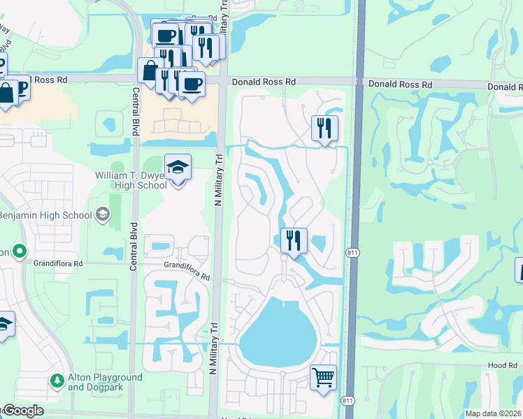 map of restaurants, bars, coffee shops, grocery stores, and more near 1032 Vintner Boulevard in Palm Beach Gardens