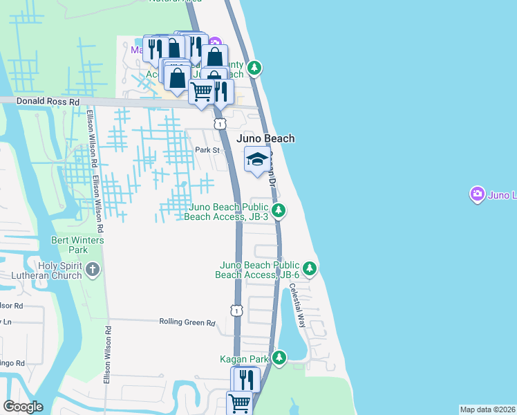 map of restaurants, bars, coffee shops, grocery stores, and more near 420 South Lyra Circle in Juno Beach