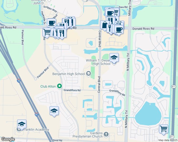 map of restaurants, bars, coffee shops, grocery stores, and more near 4875 Grandiflora Road in Palm Beach Gardens