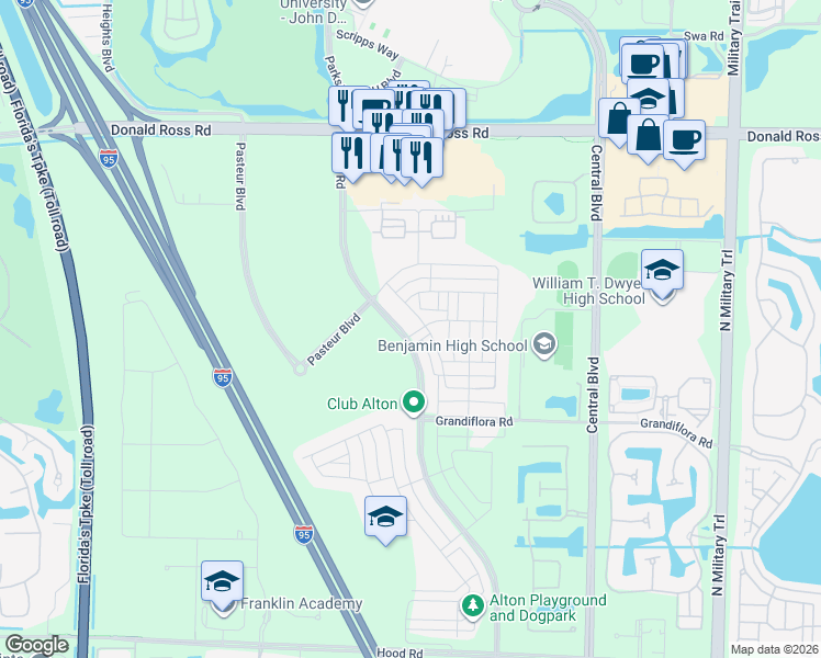 map of restaurants, bars, coffee shops, grocery stores, and more near 13340 Alton Road in Palm Beach Gardens