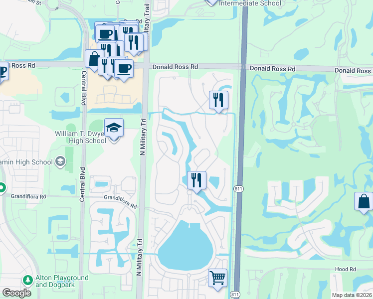 map of restaurants, bars, coffee shops, grocery stores, and more near 1412 Barlow Court in Palm Beach Gardens