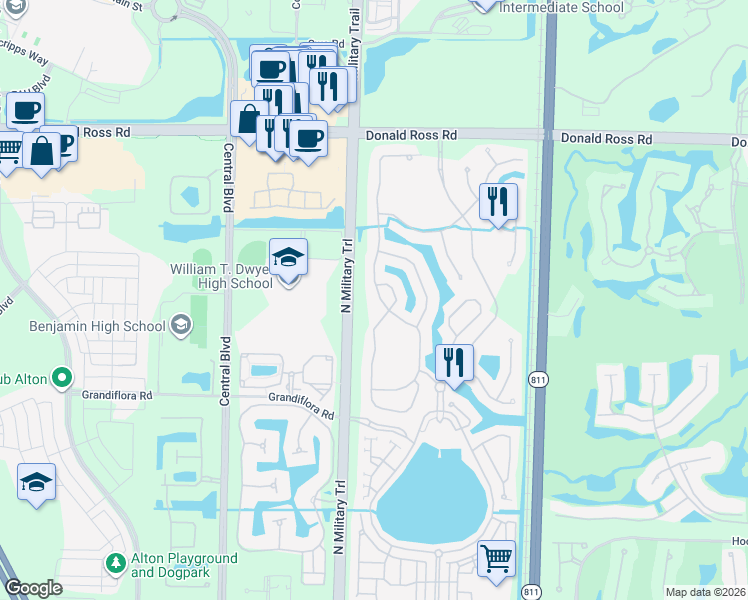 map of restaurants, bars, coffee shops, grocery stores, and more near 1051 Vintner Boulevard in Palm Beach Gardens