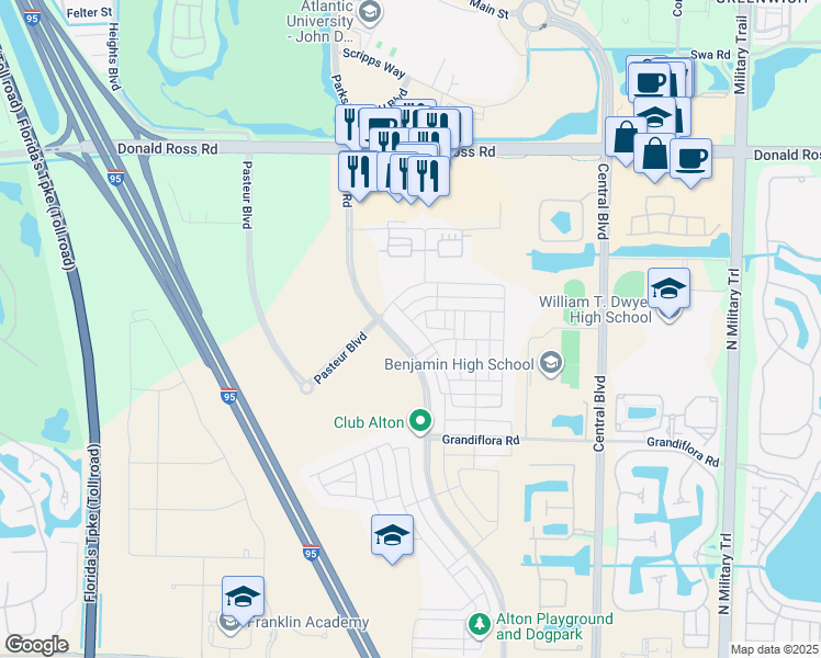 map of restaurants, bars, coffee shops, grocery stores, and more near 4119 Faraday Way in Palm Beach Gardens
