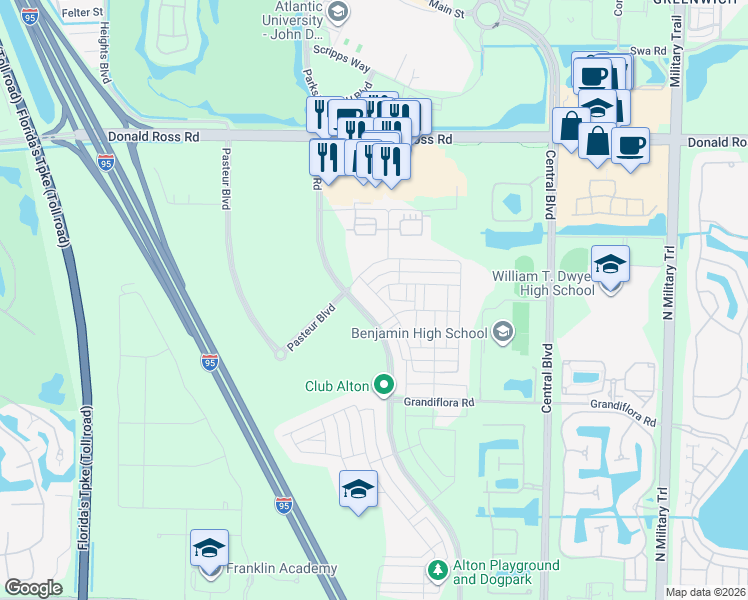 map of restaurants, bars, coffee shops, grocery stores, and more near 4131 Faraday Way in Palm Beach Gardens