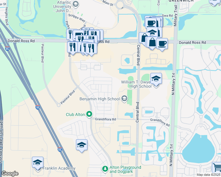 map of restaurants, bars, coffee shops, grocery stores, and more near 1117 Faulkner Terrace in Palm Beach Gardens