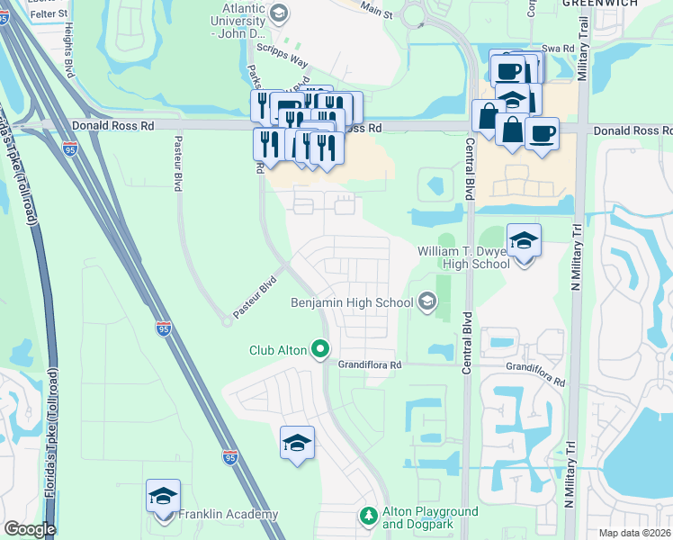 map of restaurants, bars, coffee shops, grocery stores, and more near 3019 Franklin Place in Palm Beach Gardens