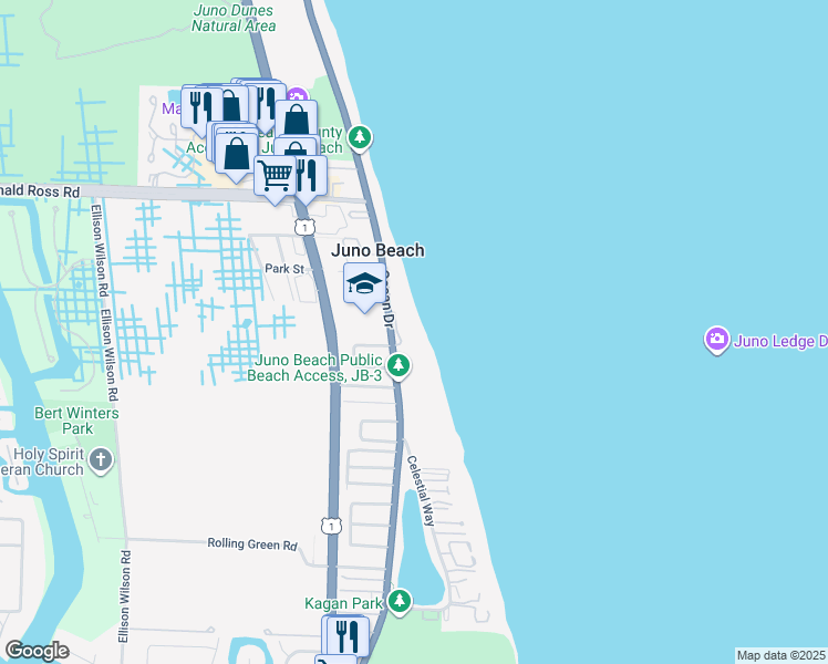 map of restaurants, bars, coffee shops, grocery stores, and more near 710 Ocean Drive in Juno Beach