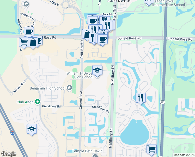 map of restaurants, bars, coffee shops, grocery stores, and more near 13601 North Military Trail in Palm Beach Gardens