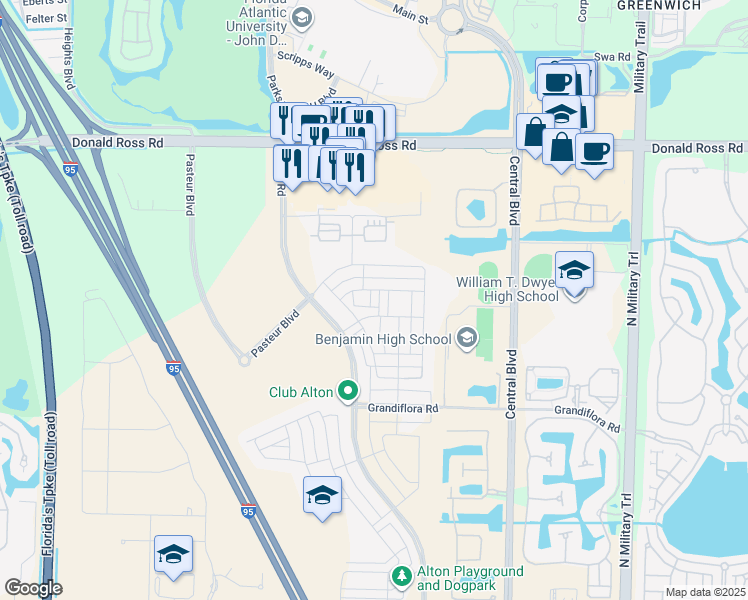 map of restaurants, bars, coffee shops, grocery stores, and more near 3019 Franklin Place in Palm Beach Gardens