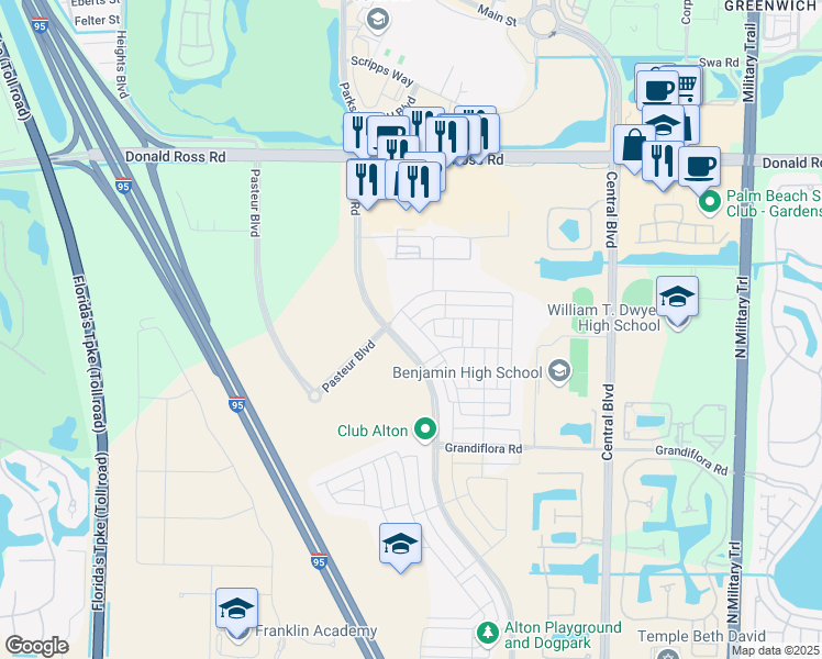 map of restaurants, bars, coffee shops, grocery stores, and more near 4137 Faraday Way in Palm Beach Gardens