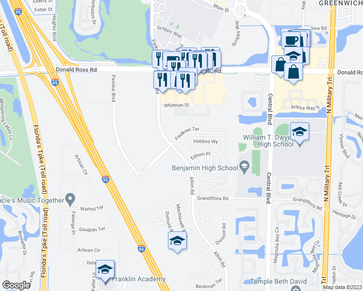 map of restaurants, bars, coffee shops, grocery stores, and more near 4139 Faraday Way in Palm Beach Gardens