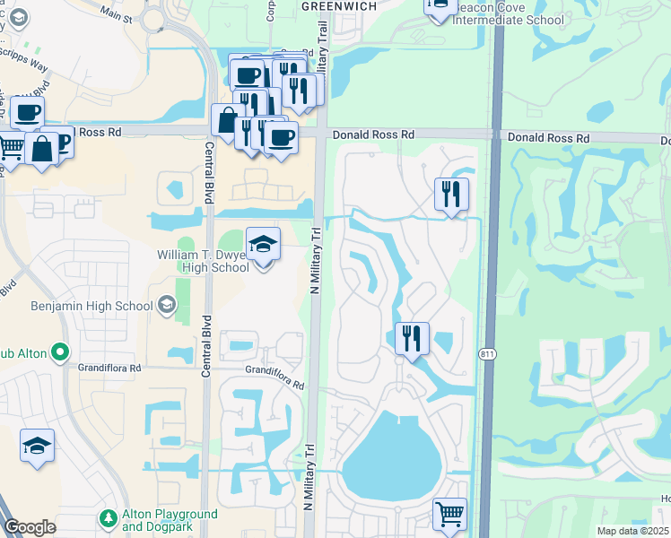 map of restaurants, bars, coffee shops, grocery stores, and more near 1051 Vintner Boulevard in Palm Beach Gardens
