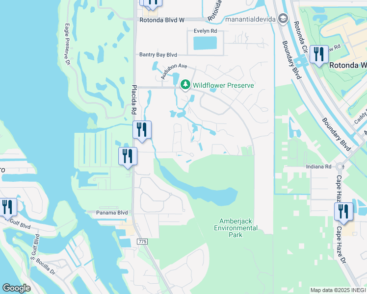 map of restaurants, bars, coffee shops, grocery stores, and more near 6800 Placida Road in Englewood
