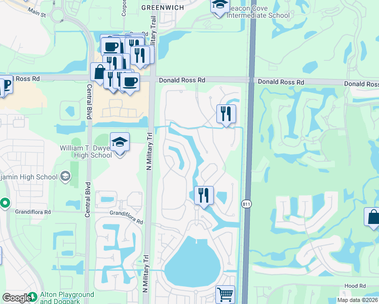 map of restaurants, bars, coffee shops, grocery stores, and more near 1422 Barlow Court in Palm Beach Gardens