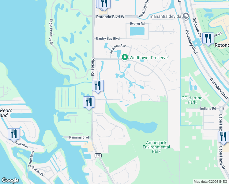 map of restaurants, bars, coffee shops, grocery stores, and more near 6800 Placida Road in Englewood