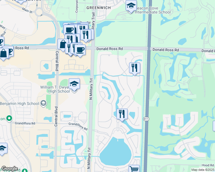 map of restaurants, bars, coffee shops, grocery stores, and more near 1433 Barlow Court in Palm Beach Gardens