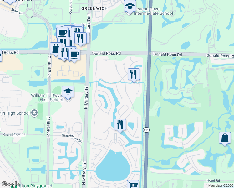 map of restaurants, bars, coffee shops, grocery stores, and more near 1301 Sonoma Court in Palm Beach Gardens