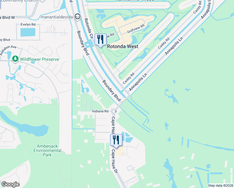 map of restaurants, bars, coffee shops, grocery stores, and more near 56 Boundary Boulevard in Rotonda West