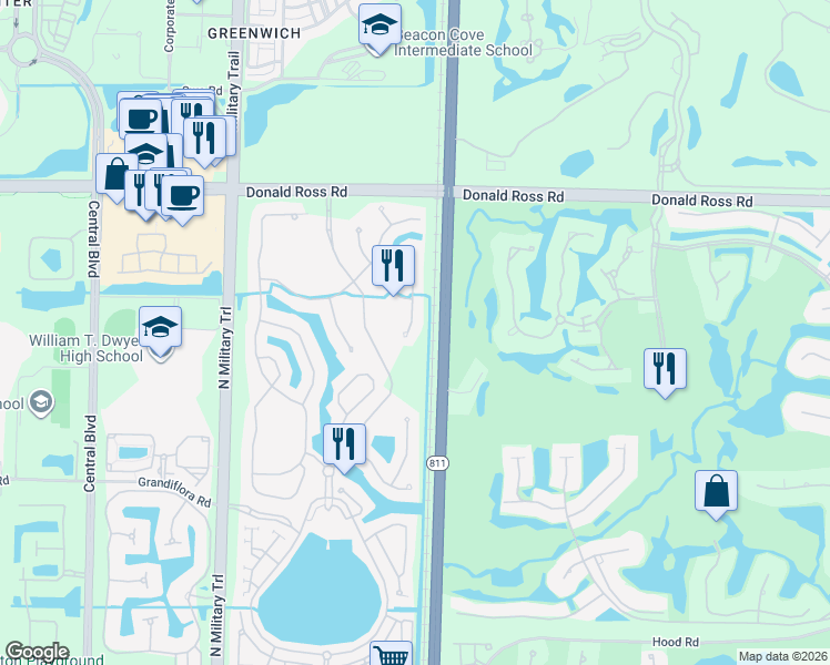 map of restaurants, bars, coffee shops, grocery stores, and more near 1616 Nature Court in Palm Beach Gardens