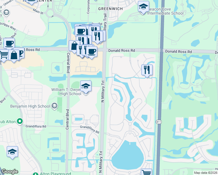 map of restaurants, bars, coffee shops, grocery stores, and more near 1063 Vintner Boulevard in Palm Beach Gardens