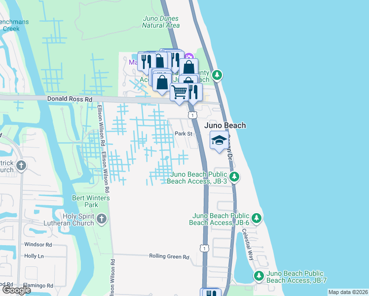 map of restaurants, bars, coffee shops, grocery stores, and more near 13801 U.S. 1 in Juno Beach