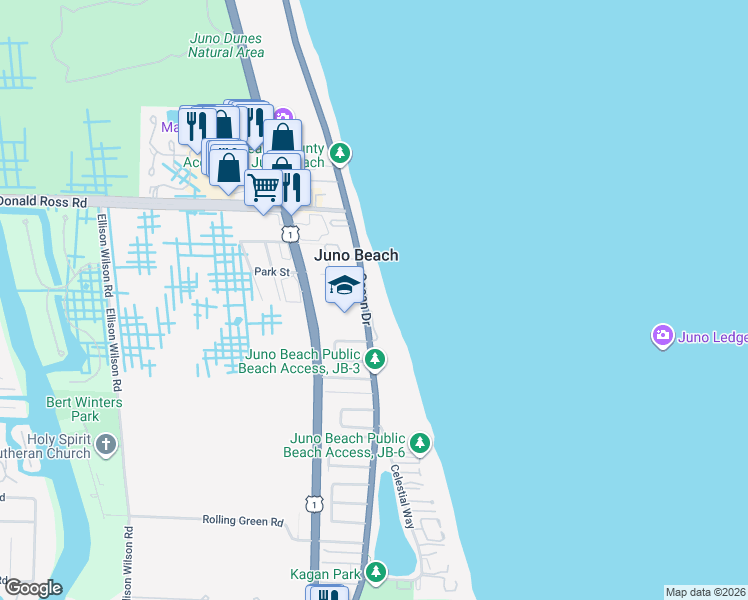 map of restaurants, bars, coffee shops, grocery stores, and more near 800 Ocean Drive in Juno Beach