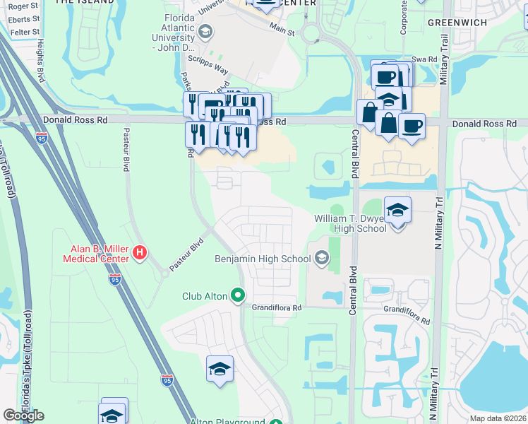 map of restaurants, bars, coffee shops, grocery stores, and more near 1217 Faulkner Terrace in Palm Beach Gardens