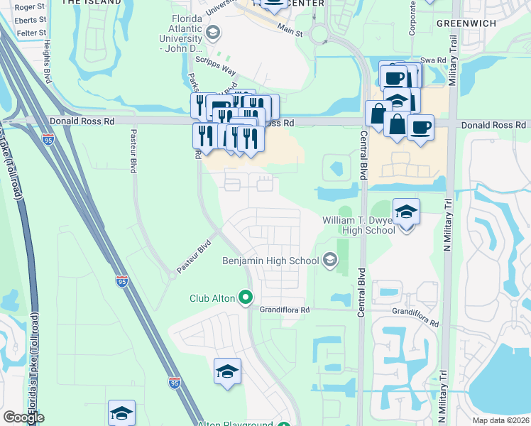 map of restaurants, bars, coffee shops, grocery stores, and more near 1213 Faulkner Terrace in Palm Beach Gardens