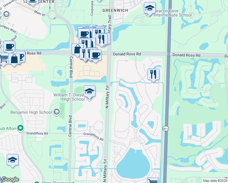 map of restaurants, bars, coffee shops, grocery stores, and more near 1065 Vintner Boulevard in Palm Beach Gardens