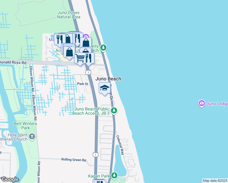 map of restaurants, bars, coffee shops, grocery stores, and more near 800 Ocean Drive in Juno Beach