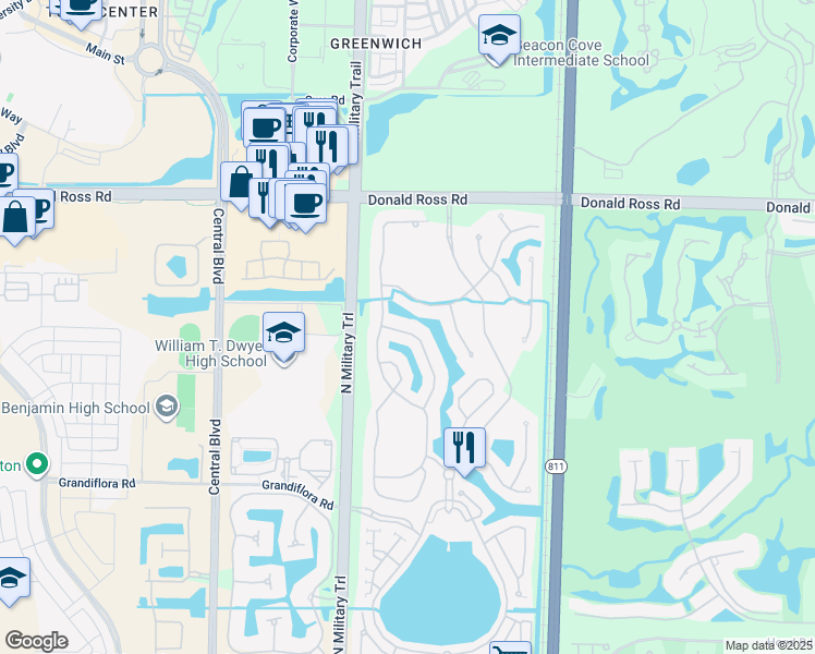 map of restaurants, bars, coffee shops, grocery stores, and more near 1438 Barlow Court in Palm Beach Gardens