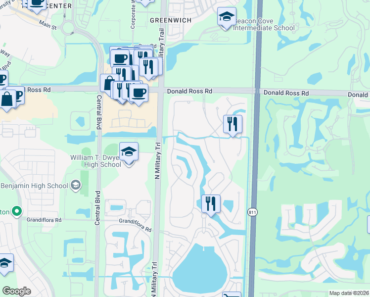 map of restaurants, bars, coffee shops, grocery stores, and more near 1438 Barlow Court in Palm Beach Gardens