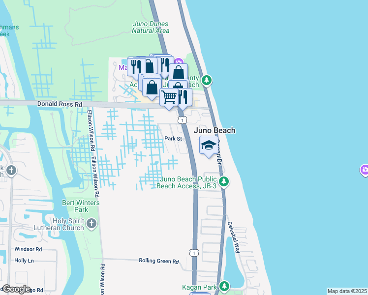 map of restaurants, bars, coffee shops, grocery stores, and more near 13801 U.S. 1 in Juno Beach