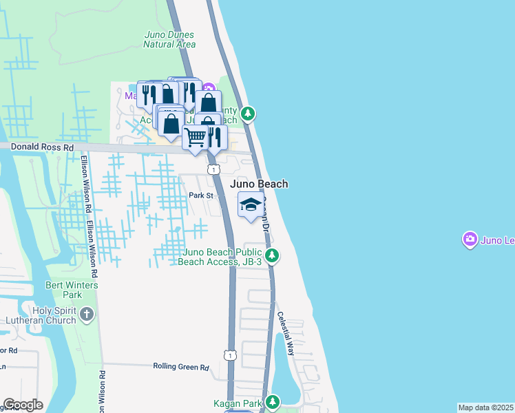 map of restaurants, bars, coffee shops, grocery stores, and more near 440 Surfside Lane in Juno Beach