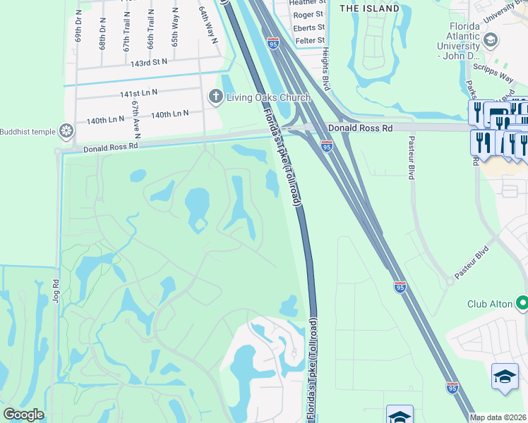 map of restaurants, bars, coffee shops, grocery stores, and more near 13634 Whispering Lakes Lane in West Palm Beach