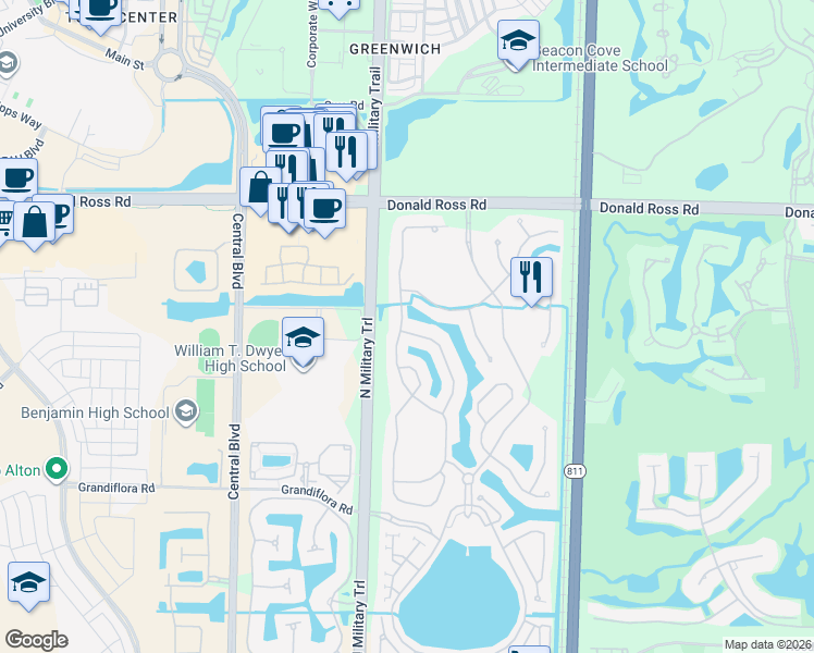 map of restaurants, bars, coffee shops, grocery stores, and more near 1446 Barlow Court in West Palm Beach