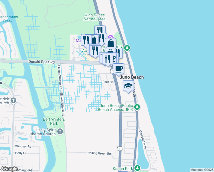map of restaurants, bars, coffee shops, grocery stores, and more near 13791 Oleander Avenue in Juno Beach