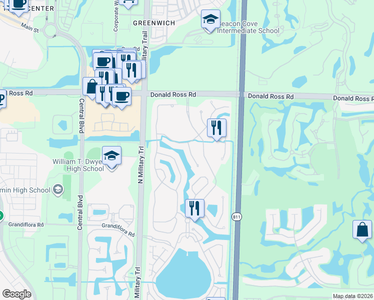 map of restaurants, bars, coffee shops, grocery stores, and more near 1301 Sonoma Court in Palm Beach Gardens