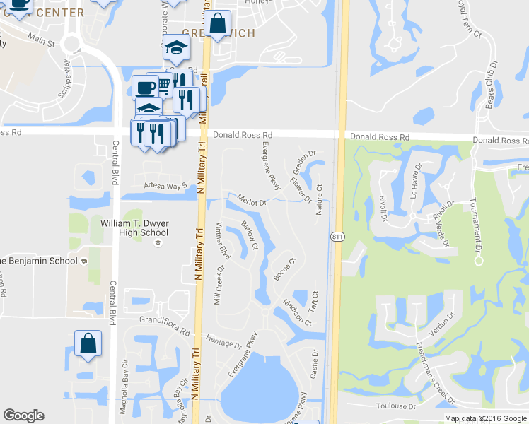 map of restaurants, bars, coffee shops, grocery stores, and more near 1301 Sonoma Ct in Palm Beach Gardens