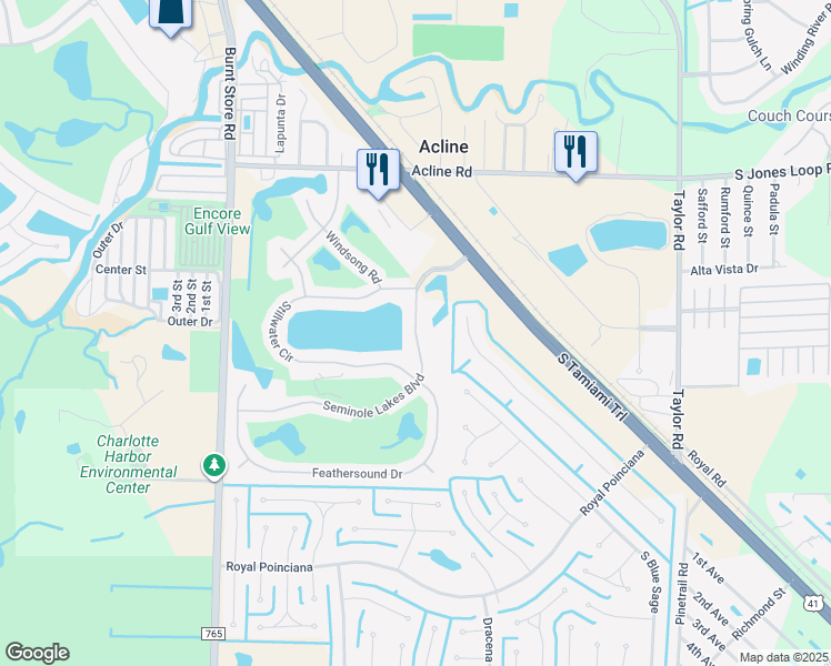 map of restaurants, bars, coffee shops, grocery stores, and more near Seminole Lakes Boulevard in Punta Gorda
