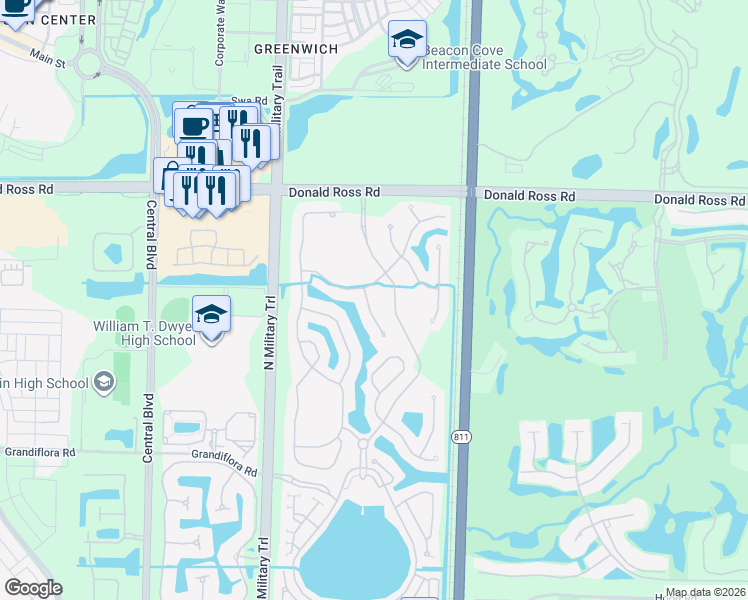 map of restaurants, bars, coffee shops, grocery stores, and more near 1301 Sonoma Court in Palm Beach Gardens