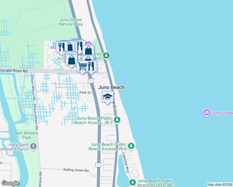 map of restaurants, bars, coffee shops, grocery stores, and more near 800 Ocean Drive in Juno Beach