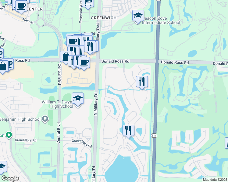 map of restaurants, bars, coffee shops, grocery stores, and more near 1220 Merlot Drive in Palm Beach Gardens