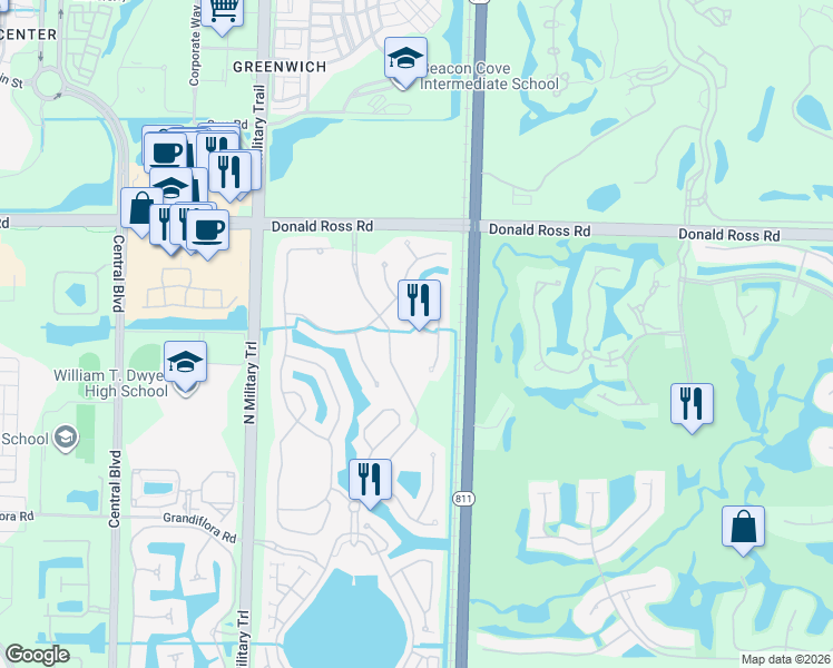 map of restaurants, bars, coffee shops, grocery stores, and more near 1811 Flower Drive in Palm Beach Gardens