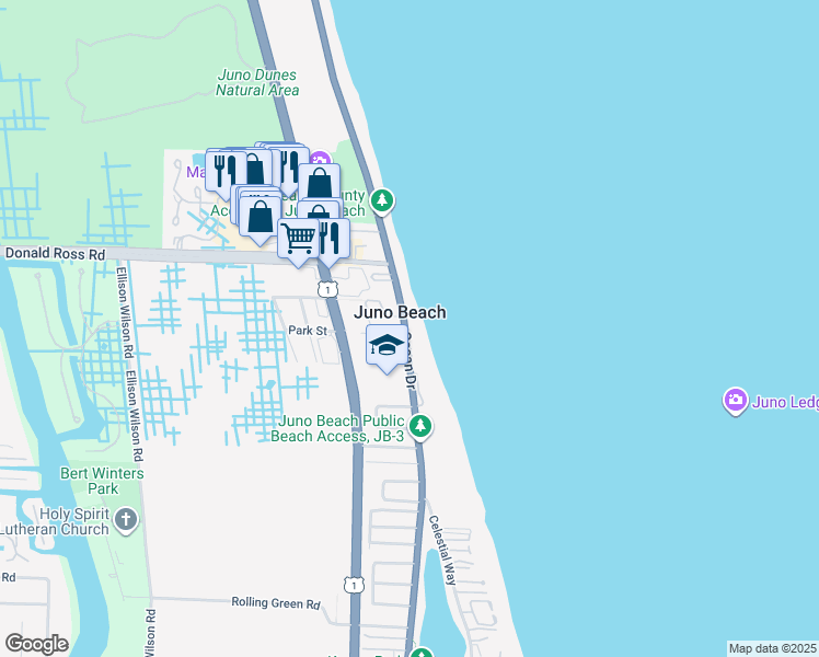 map of restaurants, bars, coffee shops, grocery stores, and more near 440 Surfside Lane in Juno Beach