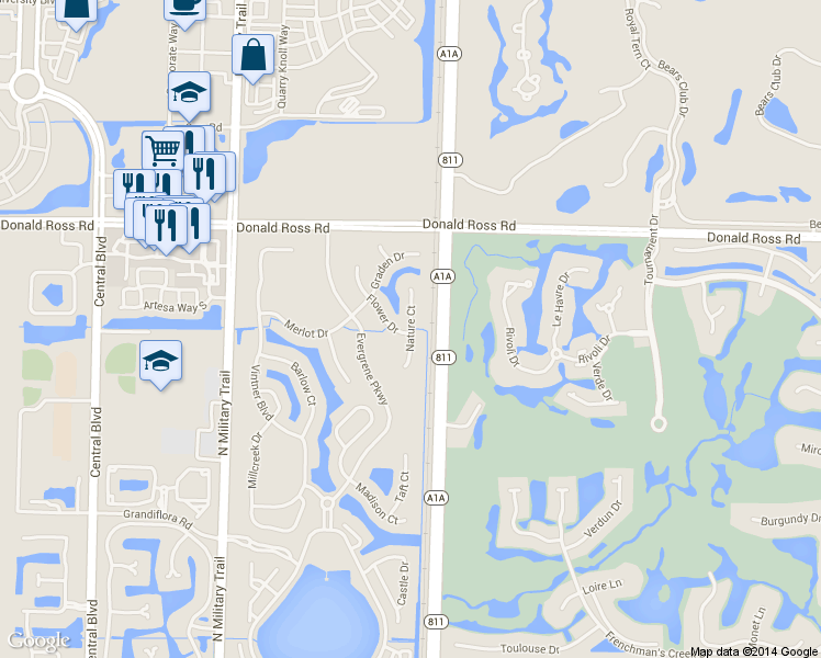 map of restaurants, bars, coffee shops, grocery stores, and more near 1711 Nature Court in Palm Beach Gardens